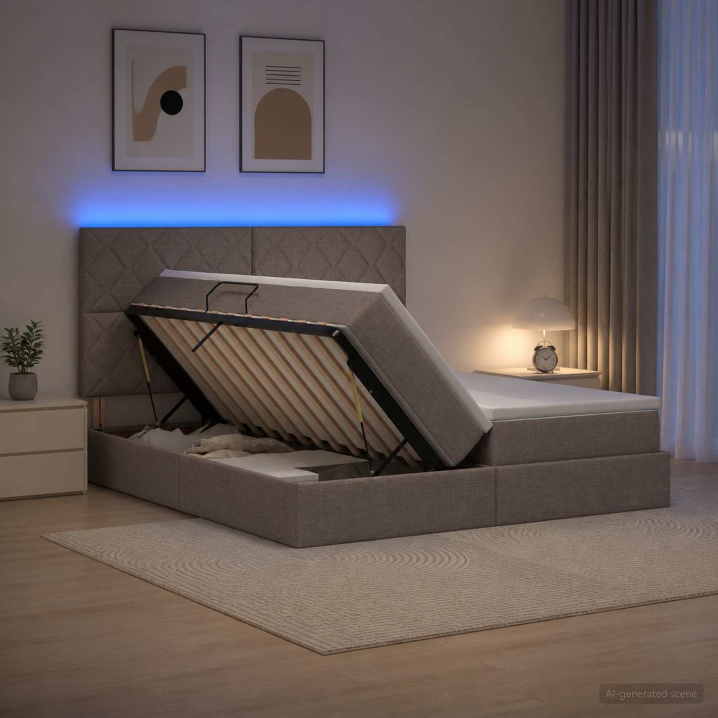 LED tárolós ágy matraccal Tópszínű 180 x 200 cm Szövet