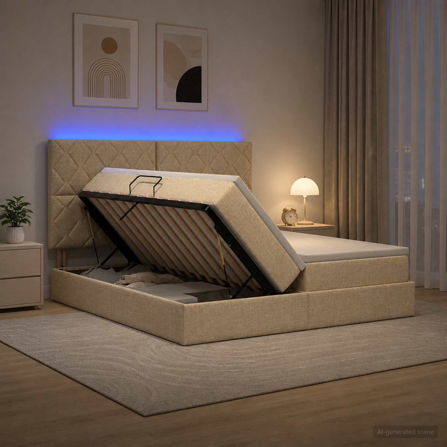 LED tárolós ágy matraccal Krémszínű 200 x 200 cm Szövet