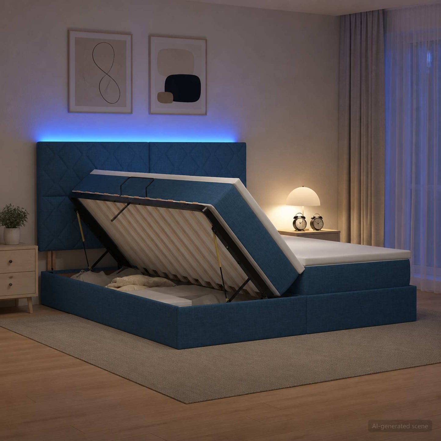 LED tárolós ágy matraccal Kék 180 x 200 cm Szövet