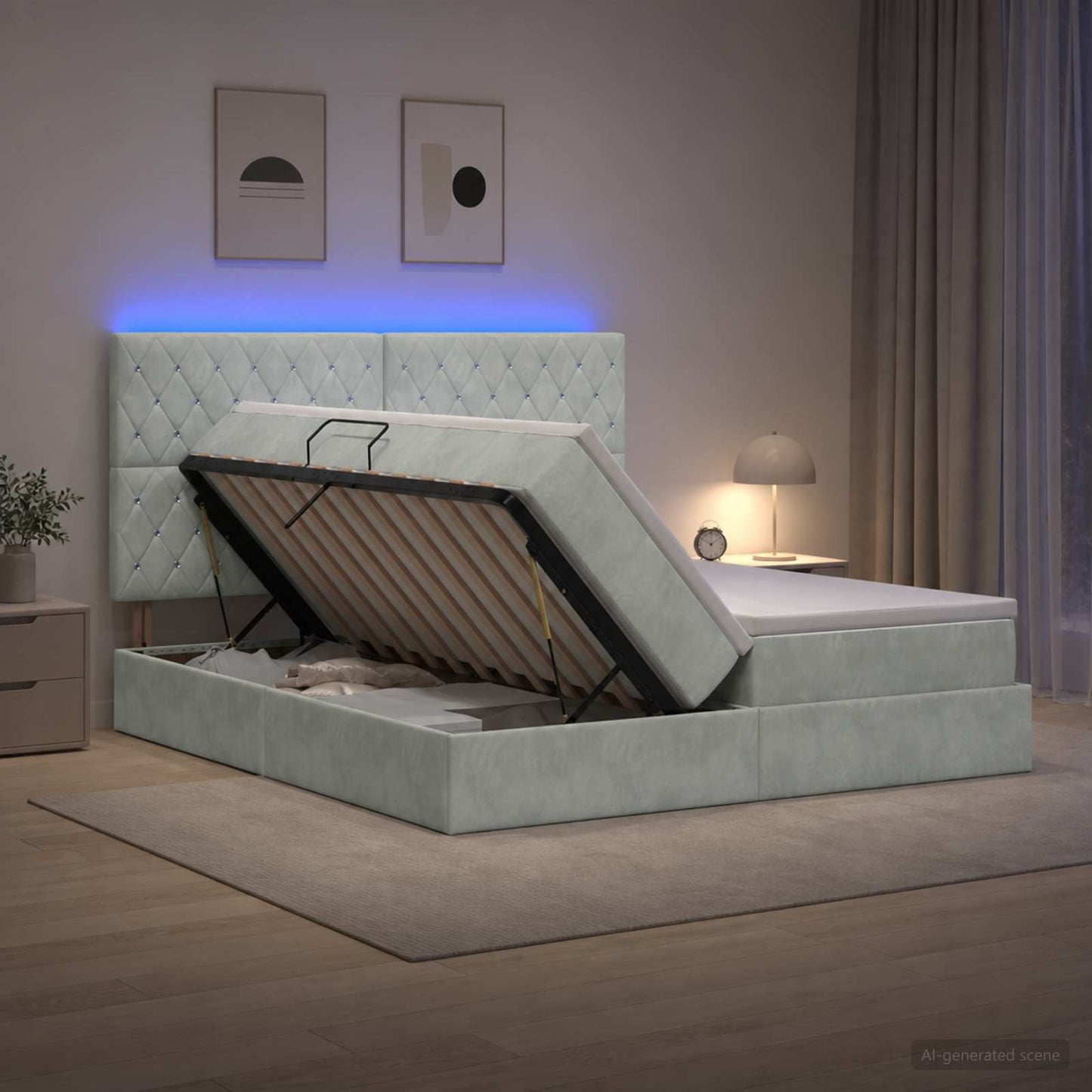 LED tárolós ágy matraccal Világosszürke 200 x 200 cm Bársony