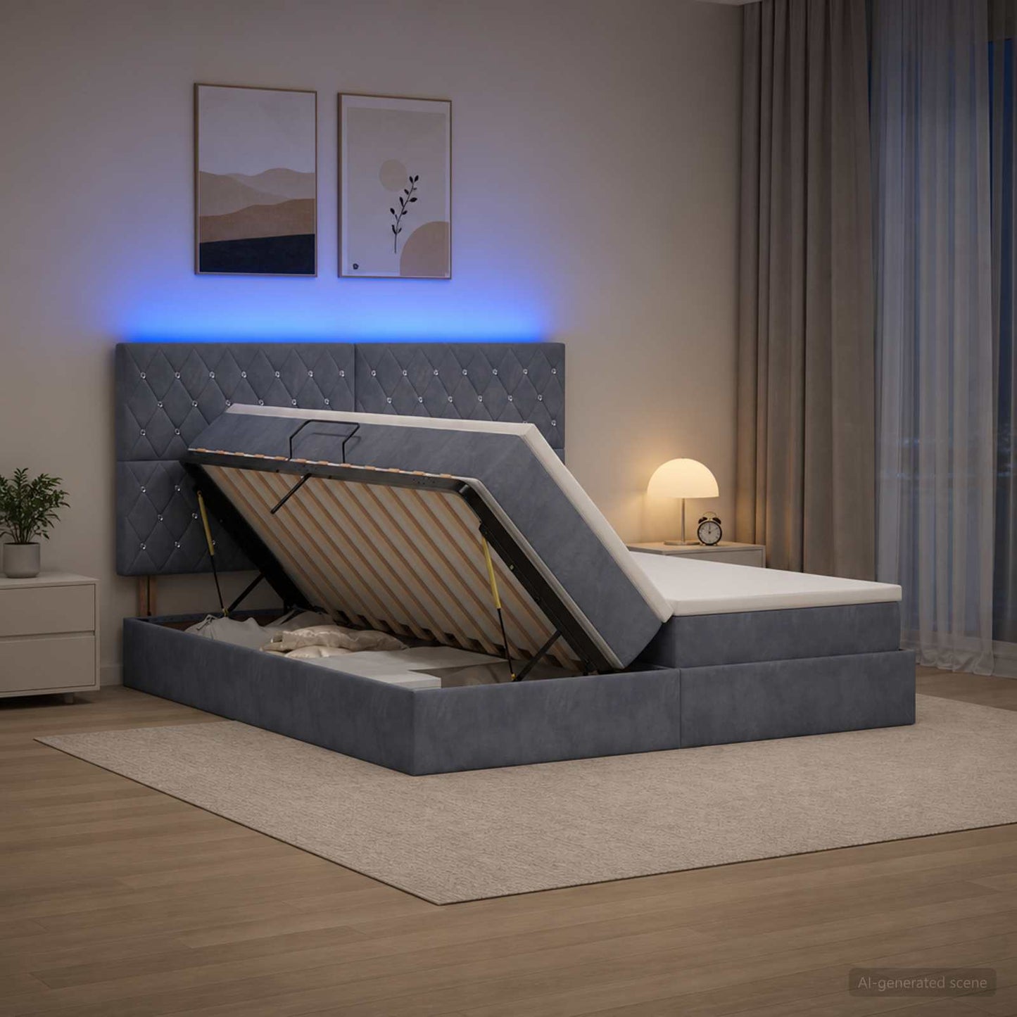 LED tárolós ágy matraccal Sötétszürke 200 x 200 cm Bársony