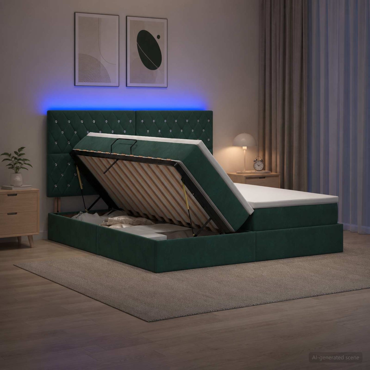 LED tárolós ágy matraccal Sötétzöld 200 x 200 cm Bársony