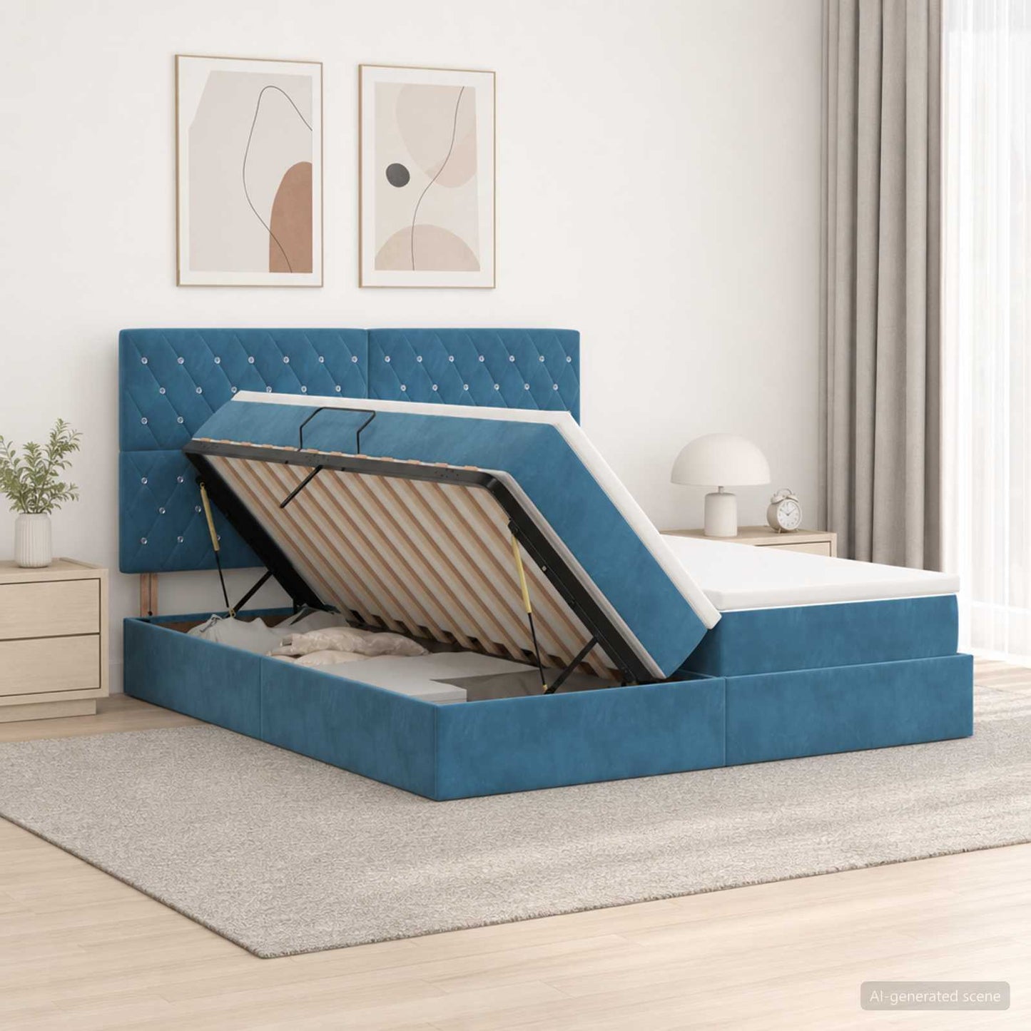 Tárolós Ágy fejtámlával Sötét kék 200 x 200 cm Bársony