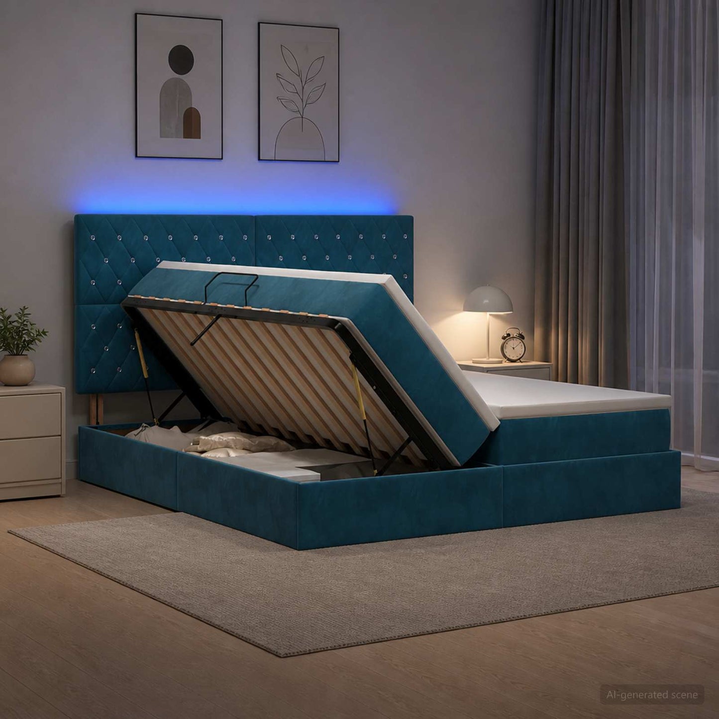 LED tárolós ágy matraccal Sötét kék 200 x 200 cm Bársony