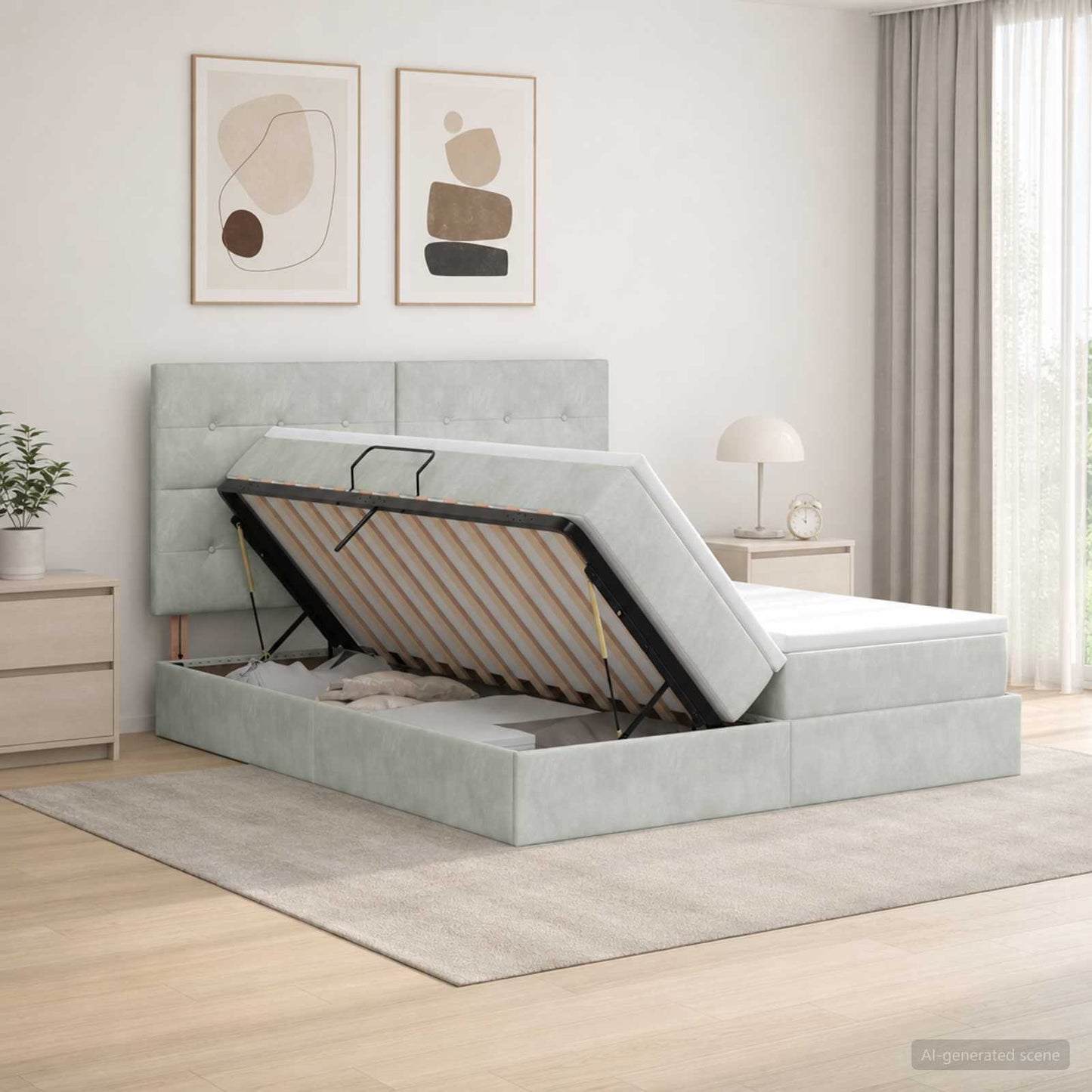 LED tárolós ágy matraccal Világosszürke 200 x 200 cm Bársony