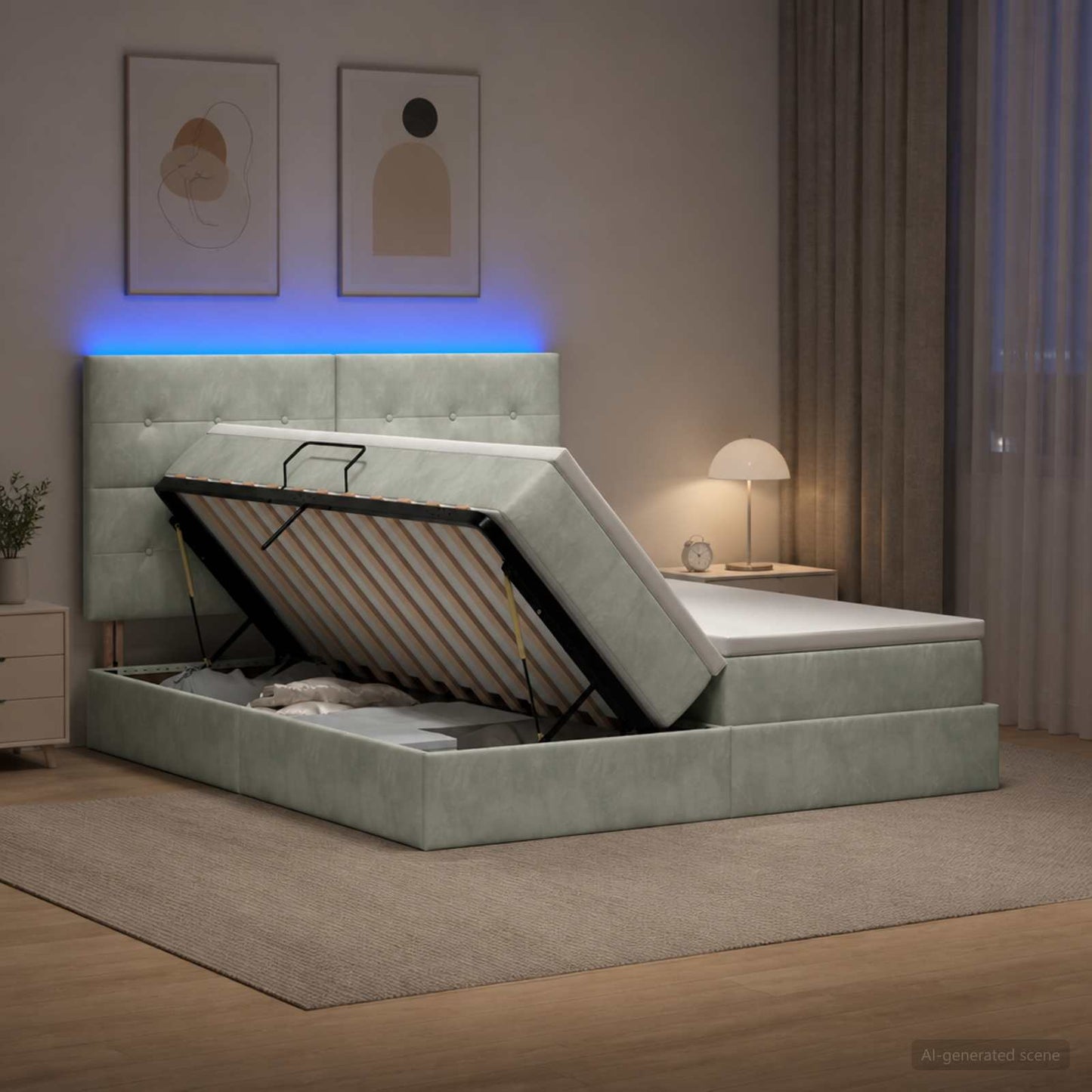 LED tárolós ágy matraccal Világosszürke 180 x 200 cm Bársony