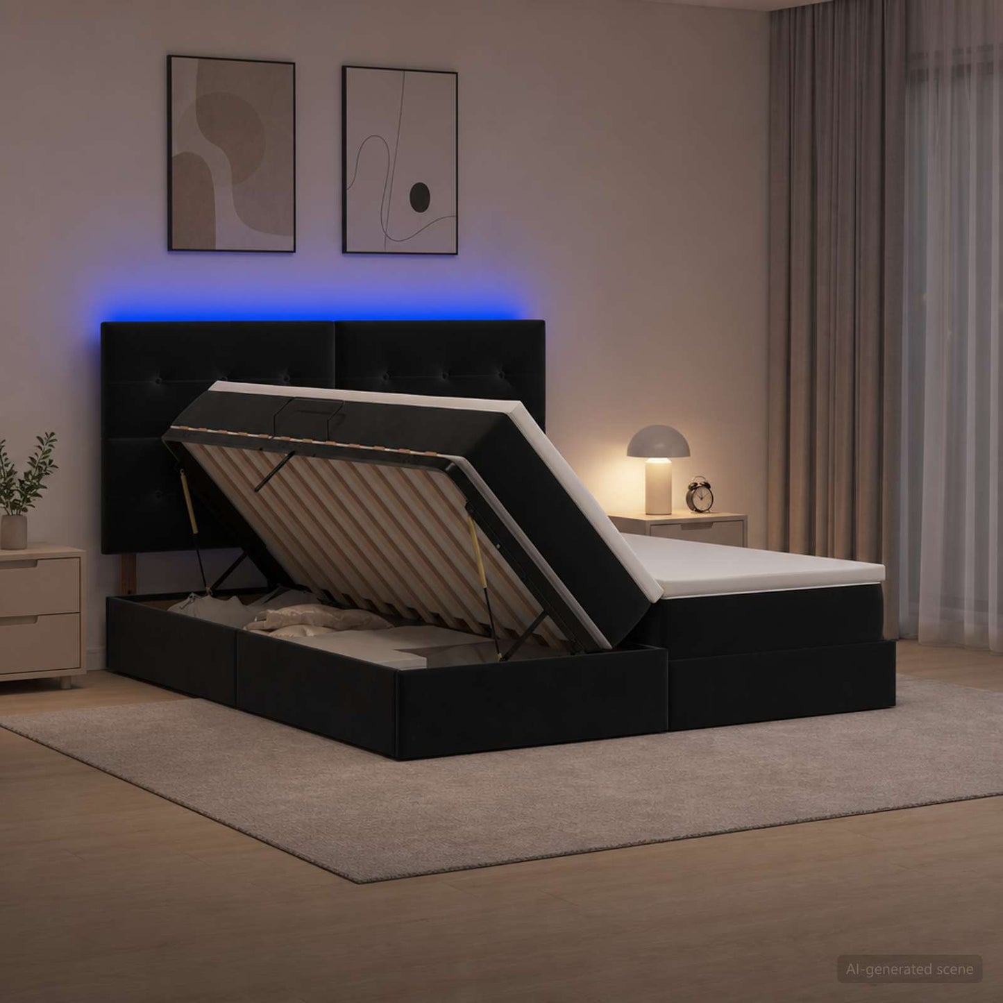 LED tárolós ágy matraccal Fekete 200 x 200 cm Bársony