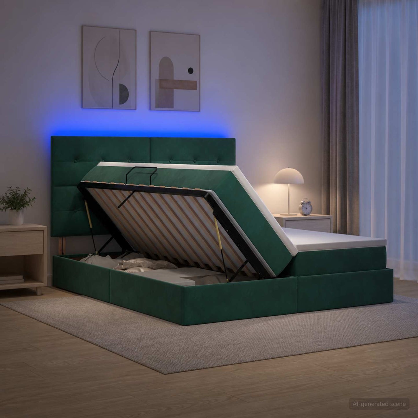 LED tárolós ágy matraccal Sötétzöld 200 x 200 cm Bársony
