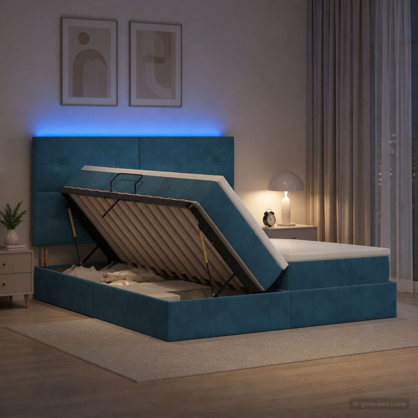 LED tárolós ágy matraccal Sötét kék 200 x 200 cm Bársony