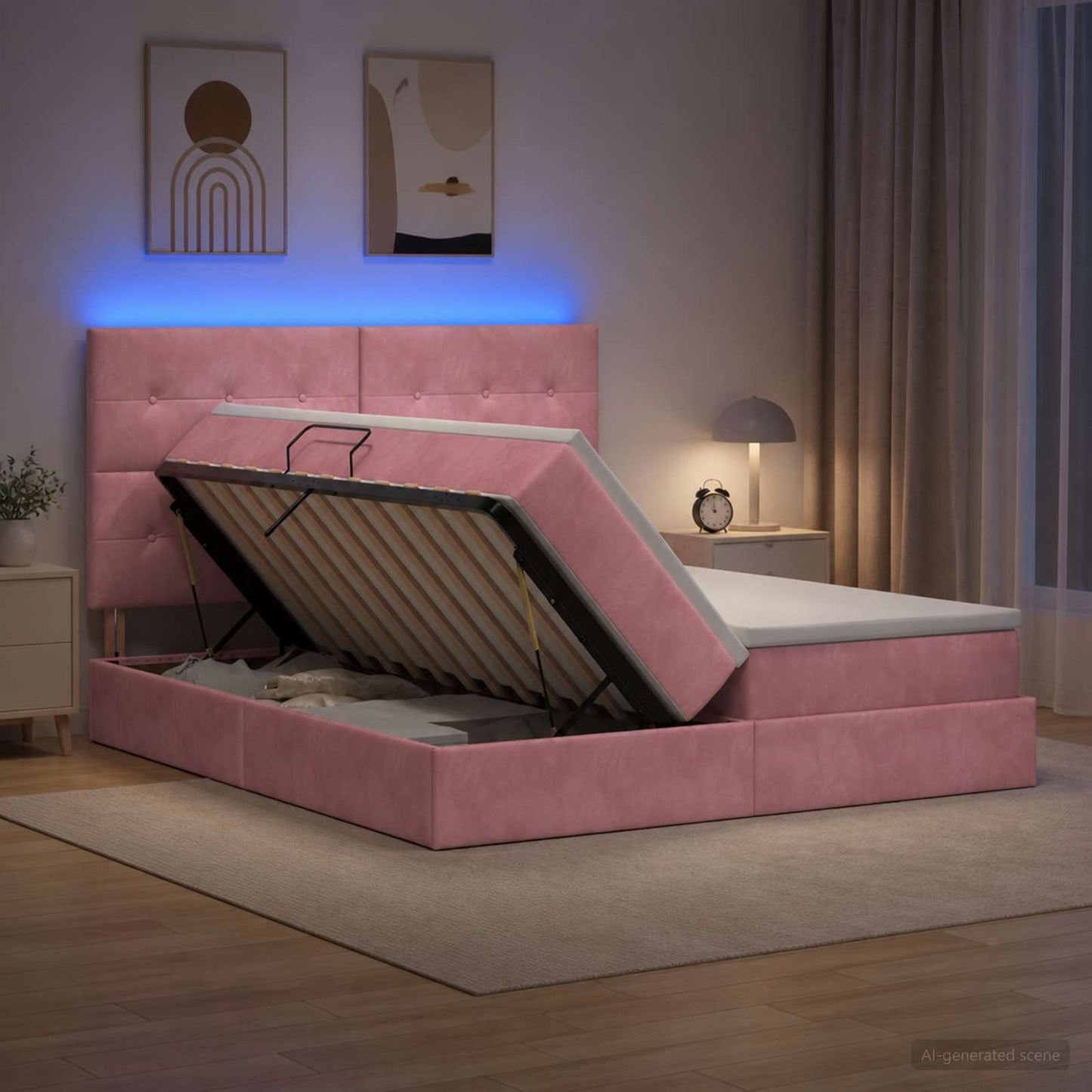LED tárolós ágy matraccal Rózsaszín 200 x 200 cm Bársony