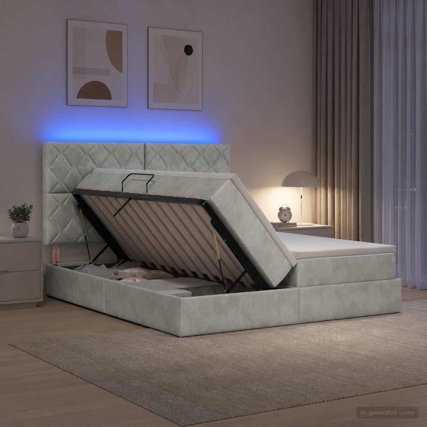 LED tárolós ágy matraccal Világosszürke 180 x 200 cm Bársony