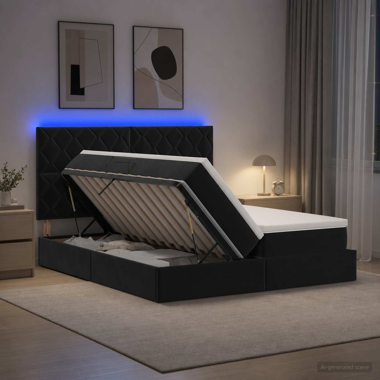 LED tárolós ágy matraccal Fekete 200 x 200 cm Bársony