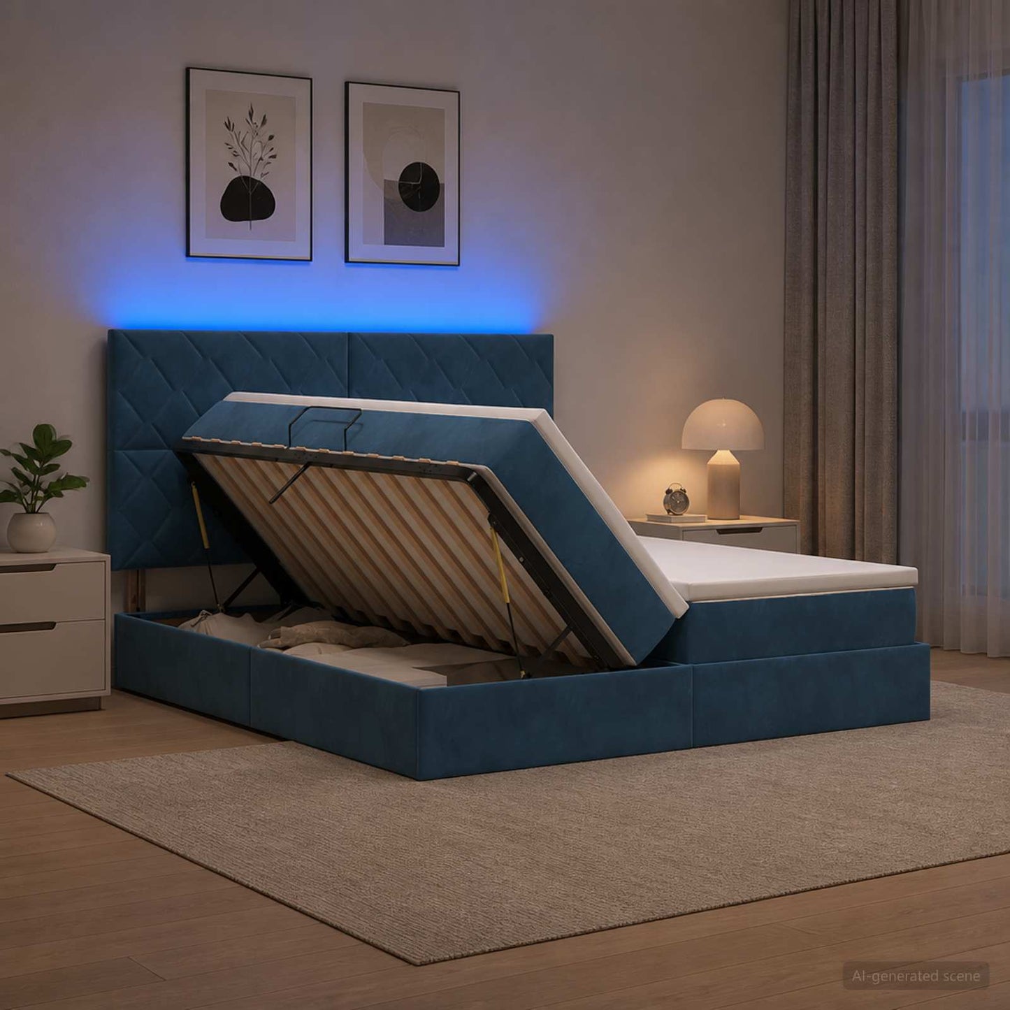 LED tárolós ágy matraccal Sötét kék 180 x 200 cm Bársony