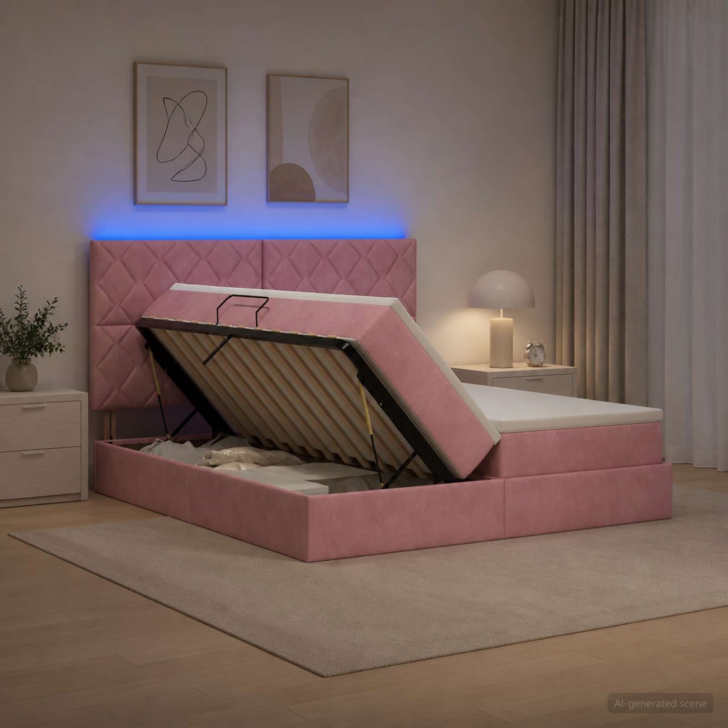LED tárolós ágy matraccal Rózsaszín 200 x 200 cm Bársony