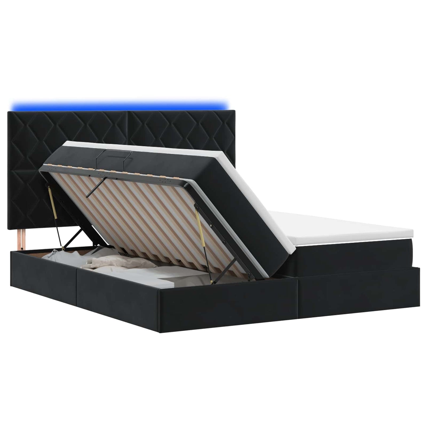 LED tárolós ágy matraccal Fekete 200 x 200 cm Bársony