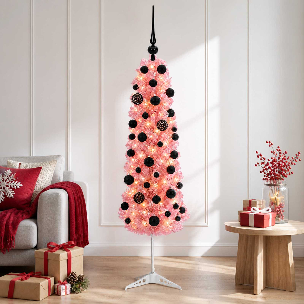 Karcsú műkarácsonyfa gömbökkel 150 cm 150 LED Meleg fehér