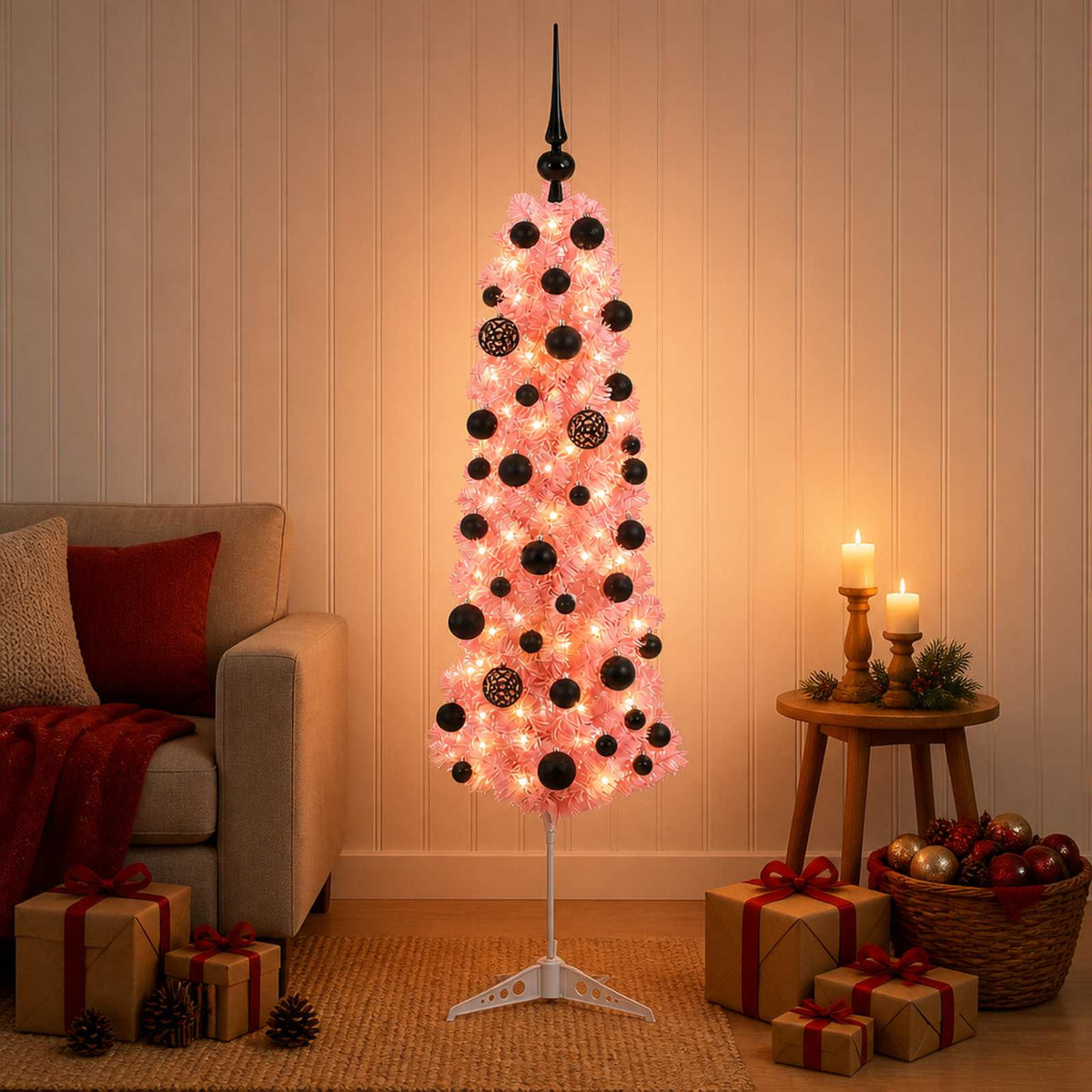 Karcsú műkarácsonyfa gömbökkel 150 cm 150 LED Meleg fehér