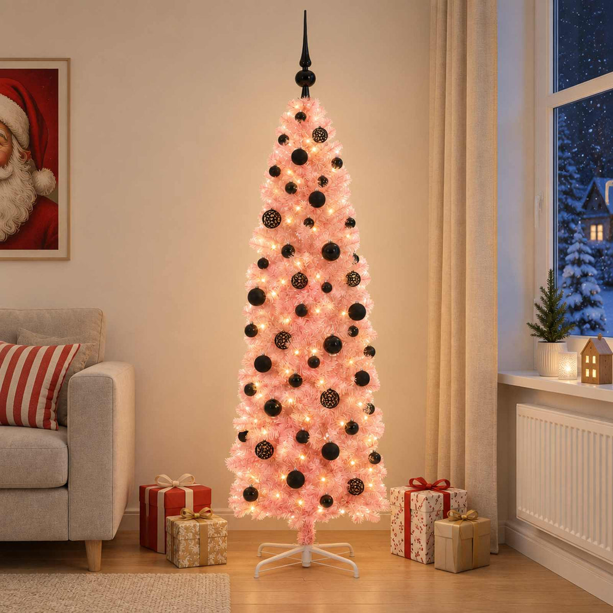 Karcsú műkarácsonyfa gömbökkel 180 cm 300 LED Meleg fehér