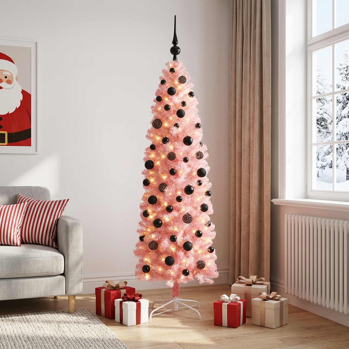Karcsú műkarácsonyfa gömbökkel 180 cm 300 LED Meleg fehér