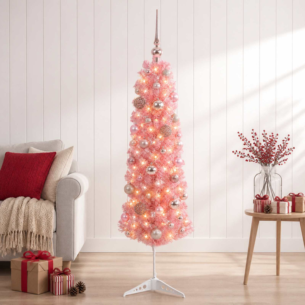 Karcsú műkarácsonyfa gömbökkel 150 cm 150 LED Meleg fehér