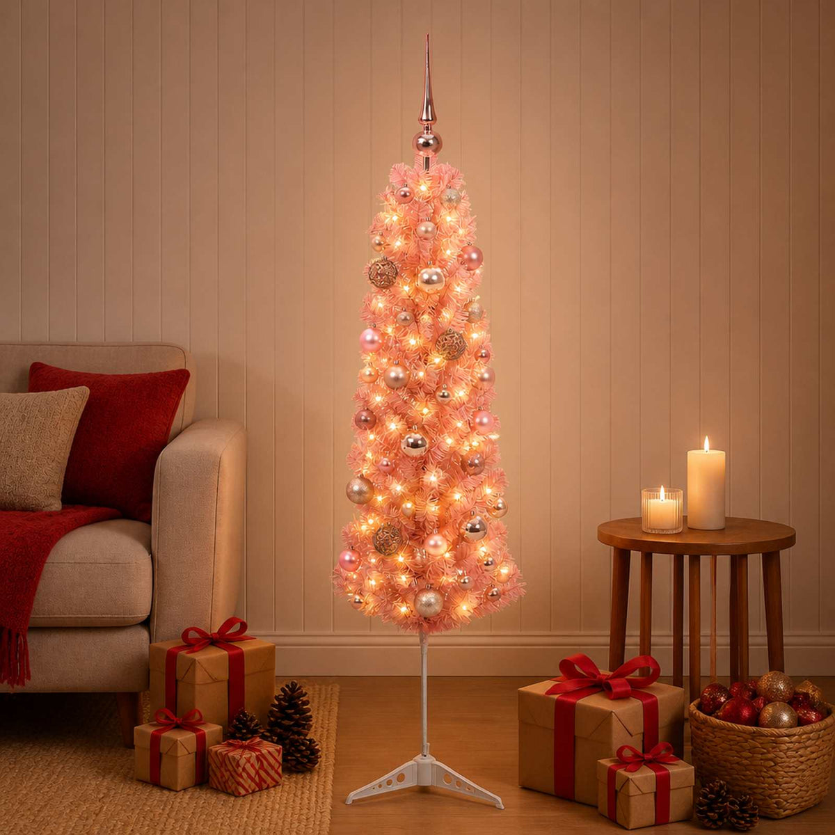 Karcsú műkarácsonyfa gömbökkel 150 cm 150 LED Meleg fehér