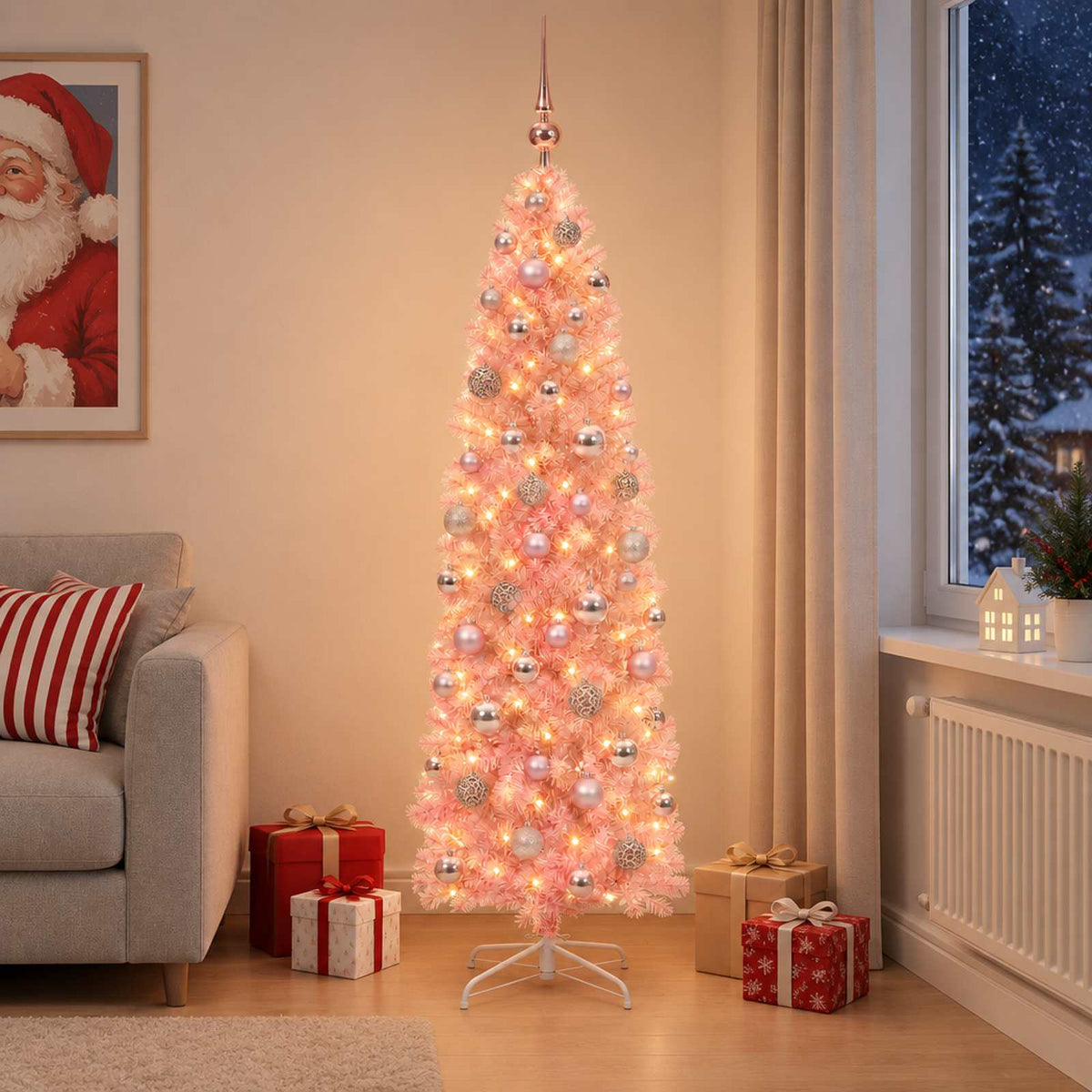 Keskeny műkarácsonyfa gömbbel 180 cm 300 LED Meleg fehér