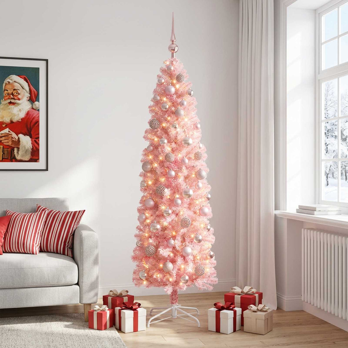 Keskeny műkarácsonyfa gömbbel 180 cm 300 LED Meleg fehér