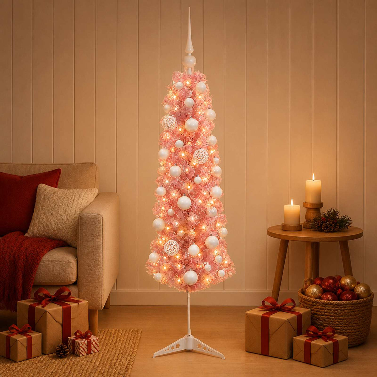 Karcsú műkarácsonyfa gömbökkel 150 cm 150 LED Meleg fehér