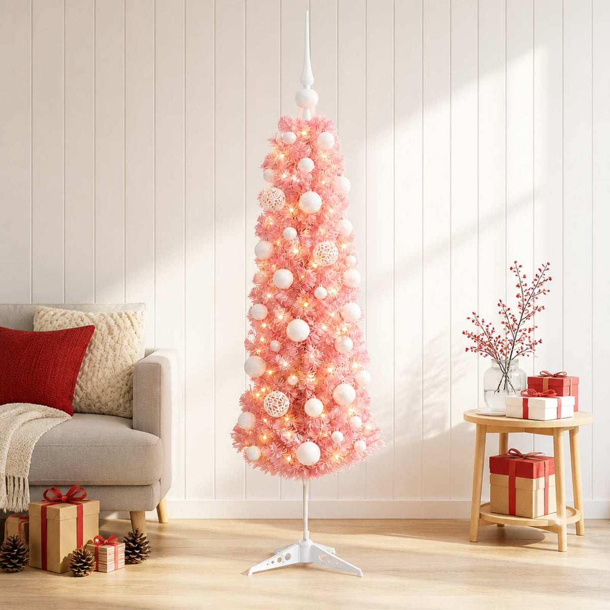 Karcsú műkarácsonyfa gömbökkel 150 cm 150 LED Meleg fehér