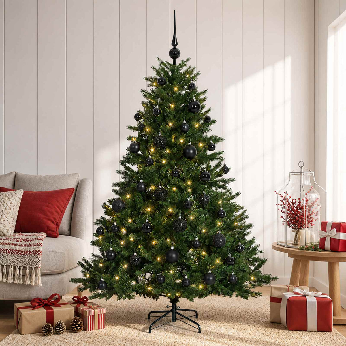 Műkarácsonyfa gömbbel 150 cm 150 LED Meleg fehér PVC és fém
