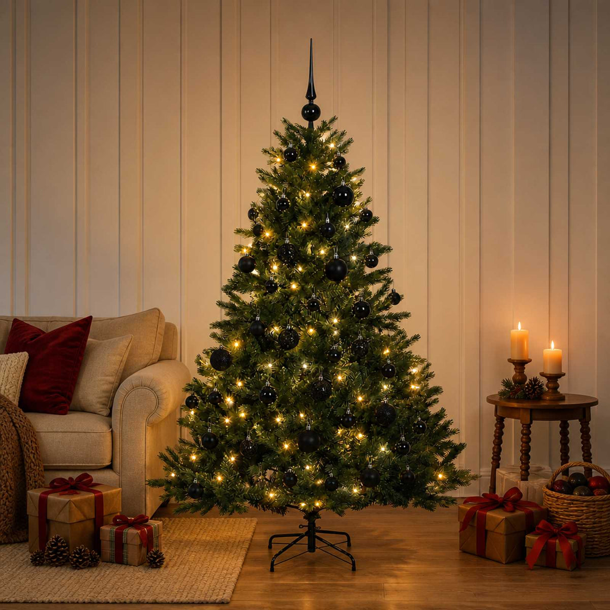 Műkarácsonyfa gömbbel 150 cm 150 LED Meleg fehér PVC és fém