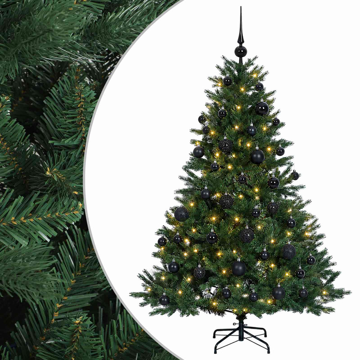 Műkarácsonyfa gömbbel 150 cm 150 LED Meleg fehér PVC és fém