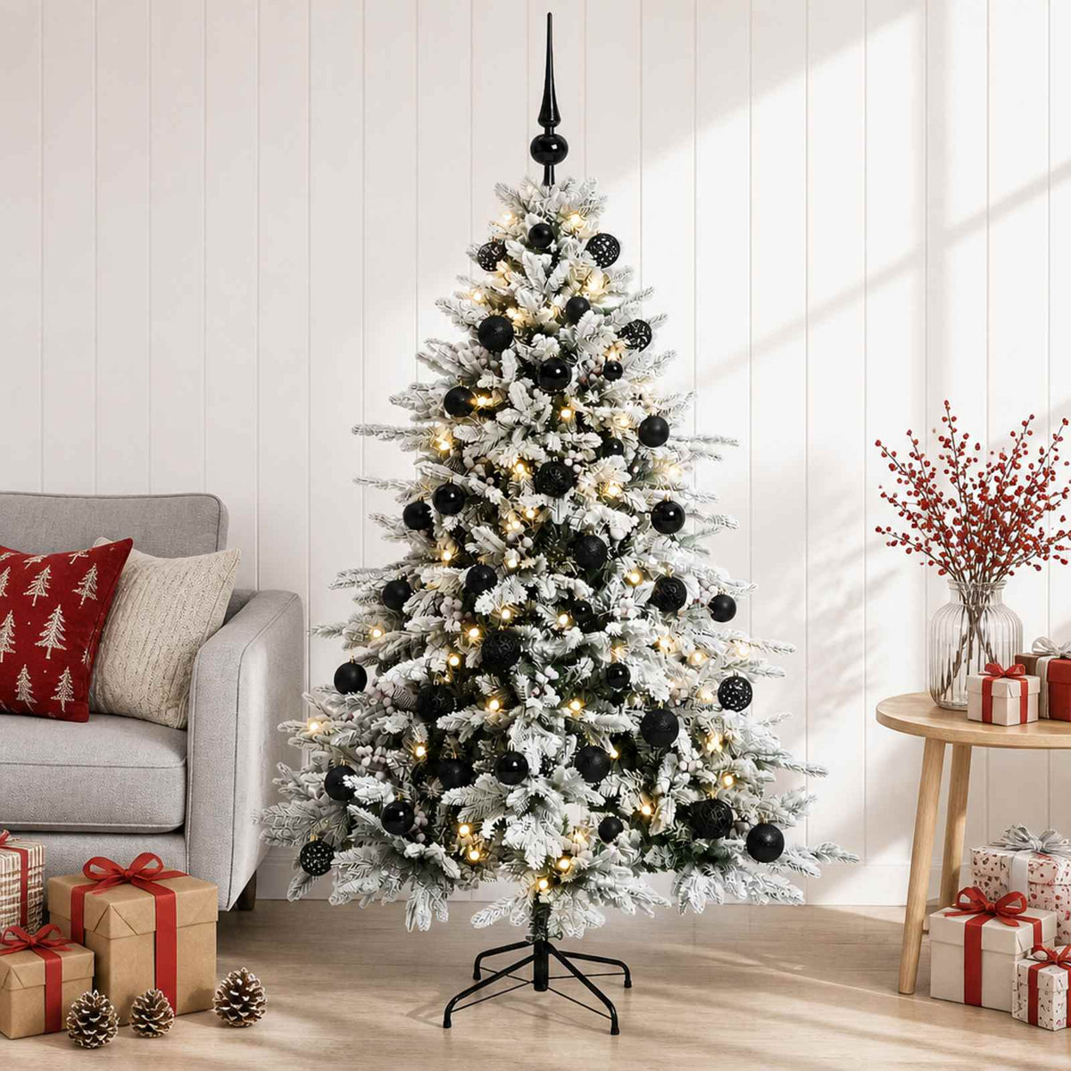 Műkarácsonyfa gömbbel 120 cm 150 LED Meleg fehér PVC és fém