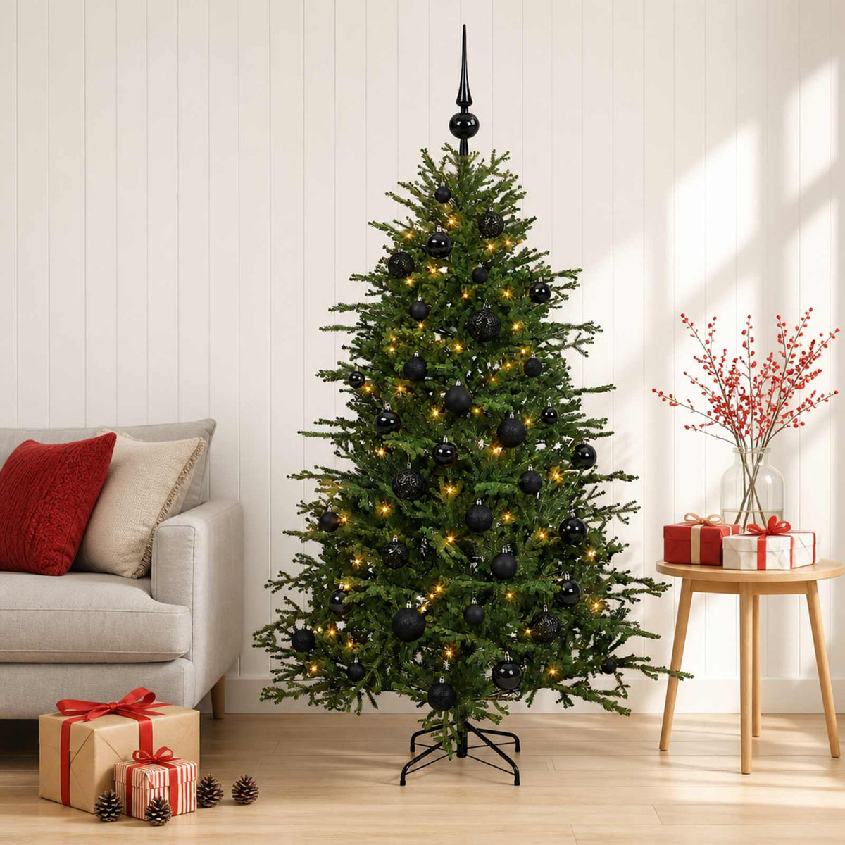 Műkarácsonyfa gömbbel 120 cm 150 LED Meleg fehér PVC és fém