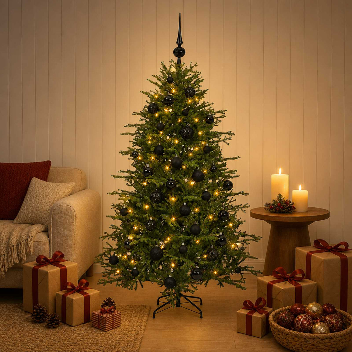 Műkarácsonyfa gömbbel 120 cm 150 LED Meleg fehér PVC és fém