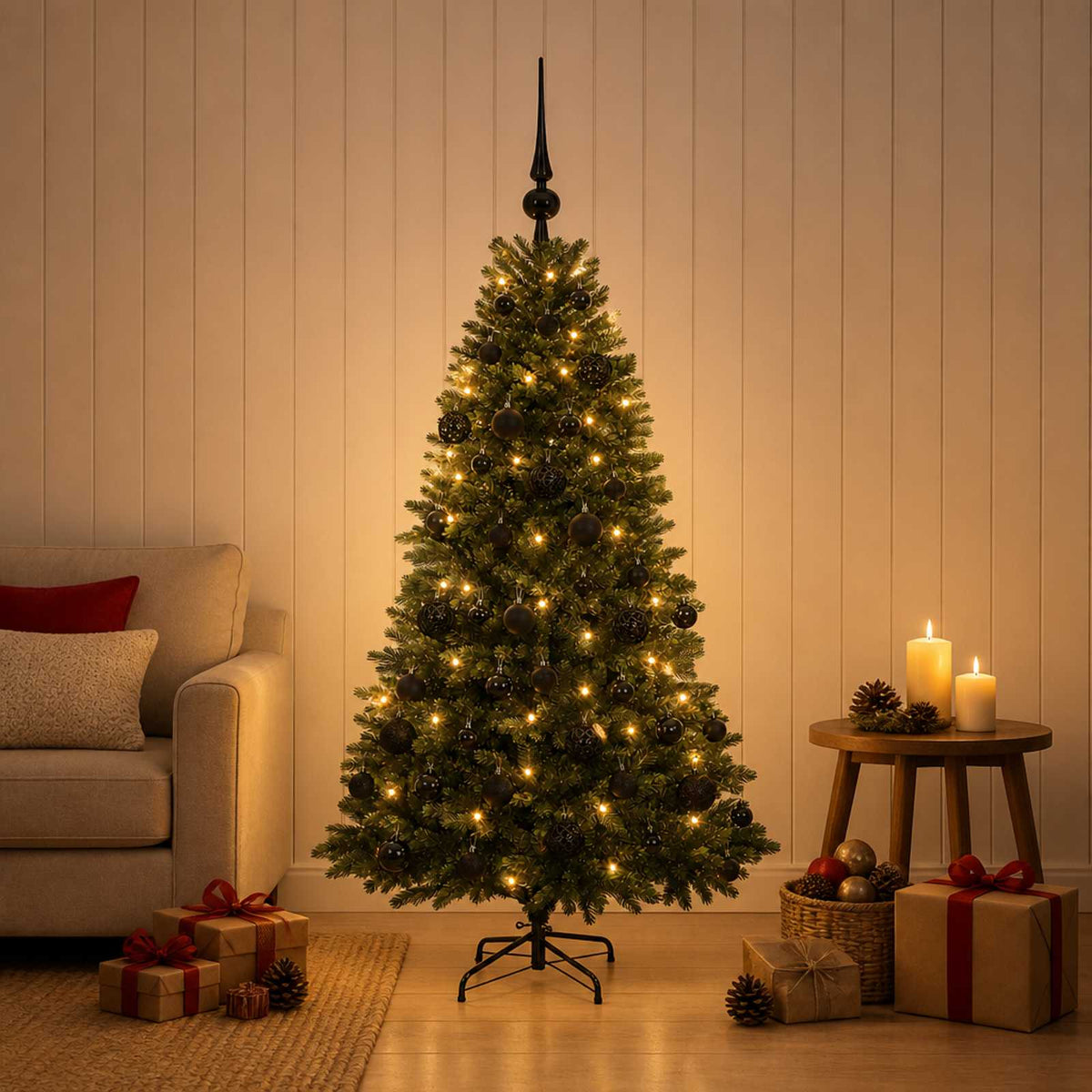 Műfenyő gömbökkel 120 cm 150 LED Meleg fehér PVC és fém Zöld