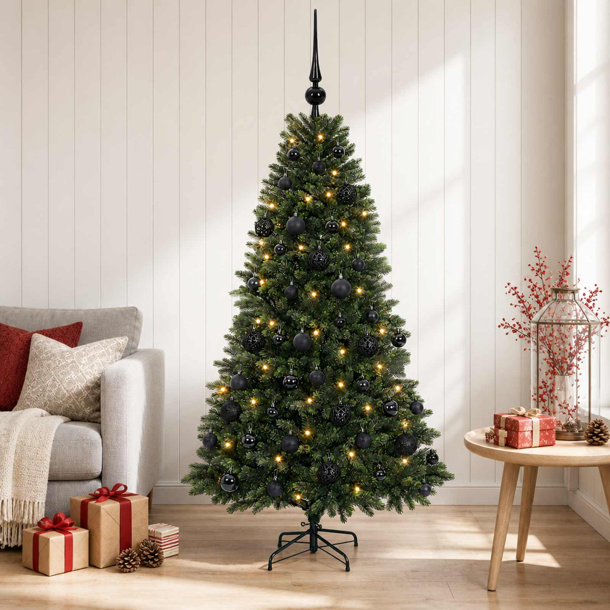 Műfenyő gömbökkel 120 cm 150 LED Meleg fehér PVC és fém Zöld