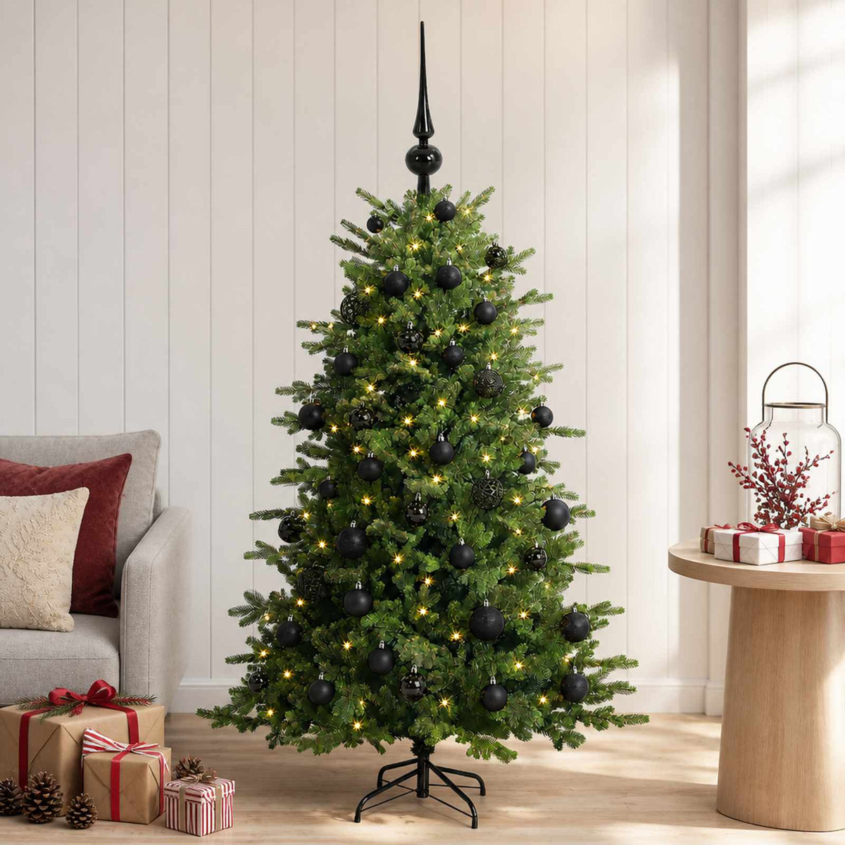 Műkarácsonyfa gömbbel 150 cm 150 LED Meleg fehér PVC és fém