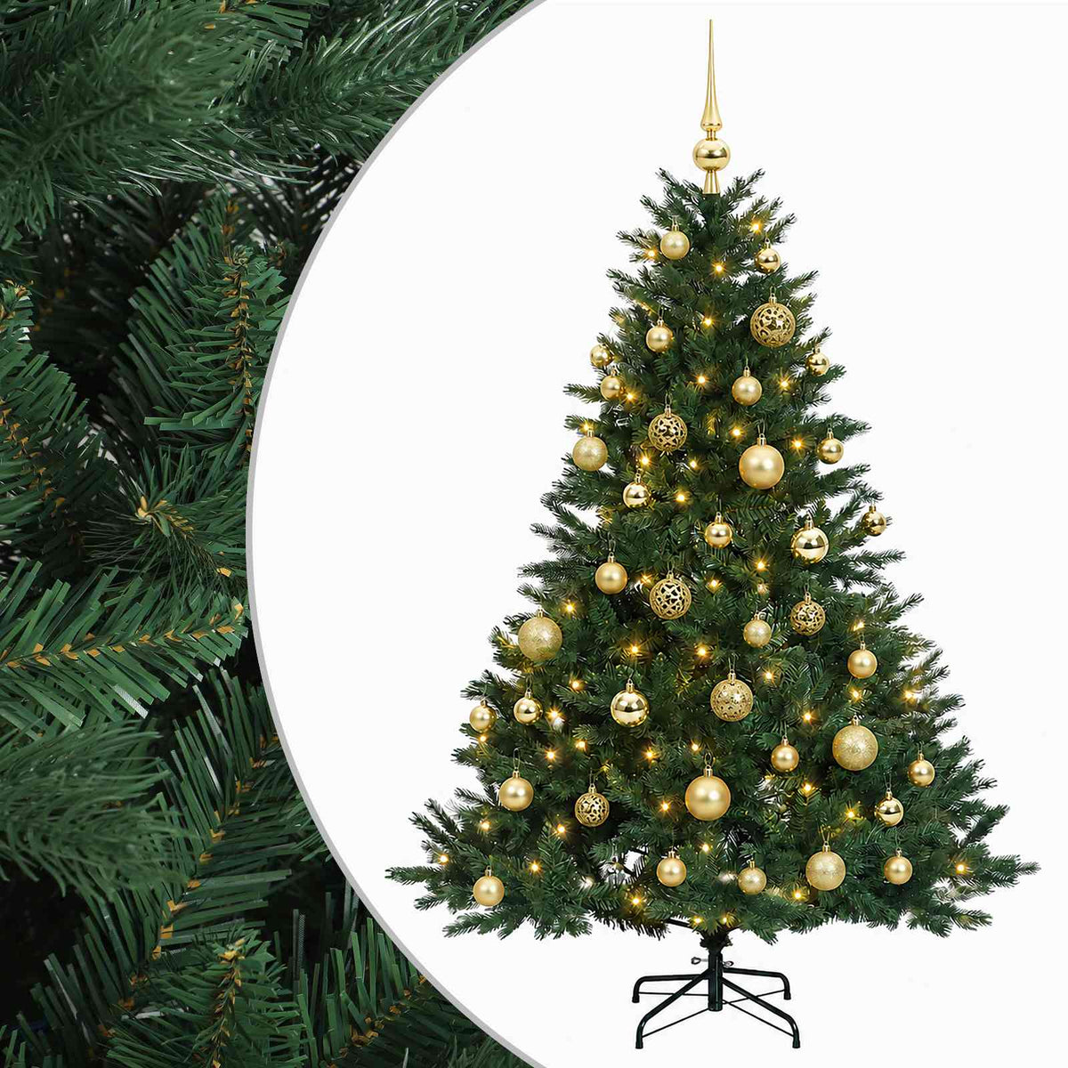 Műkarácsonyfa gömbbel 120 cm 150 LED Meleg fehér PVC és fém