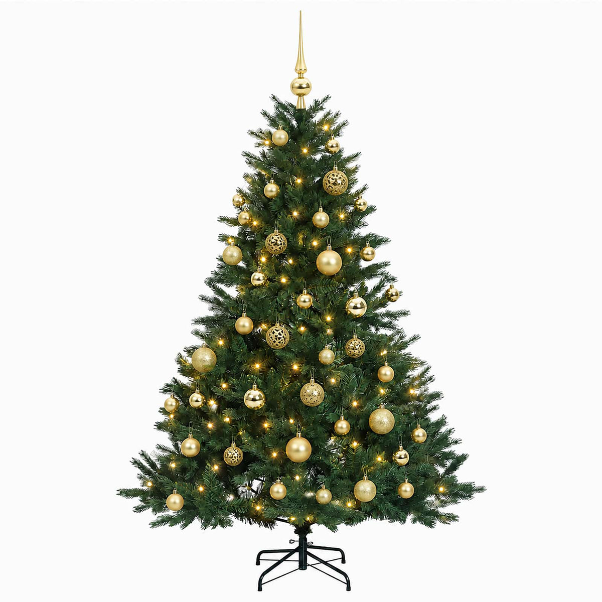Műkarácsonyfa gömbbel 120 cm 150 LED Meleg fehér PVC és fém