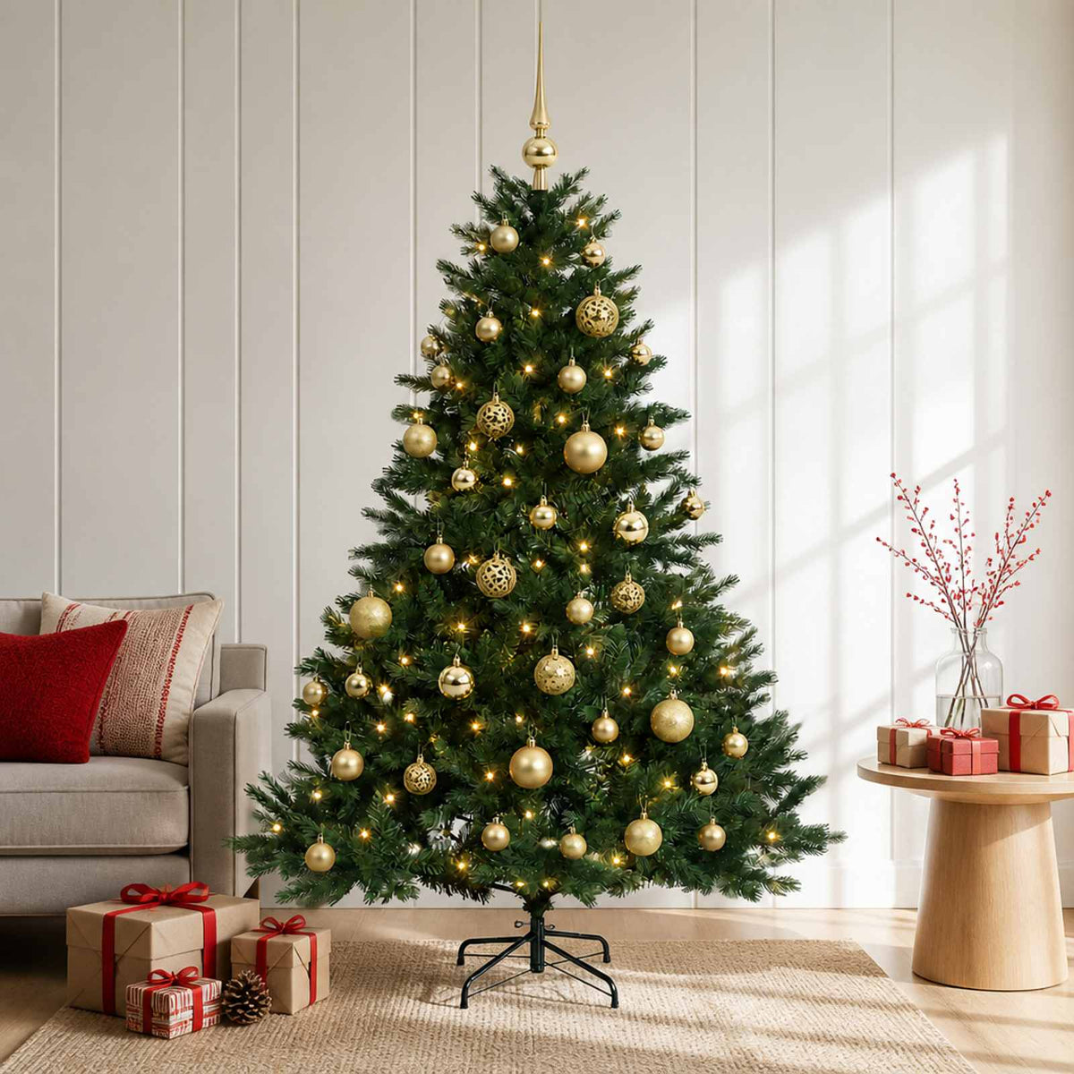 Műkarácsonyfa gömbbel 120 cm 150 LED Meleg fehér PVC és fém