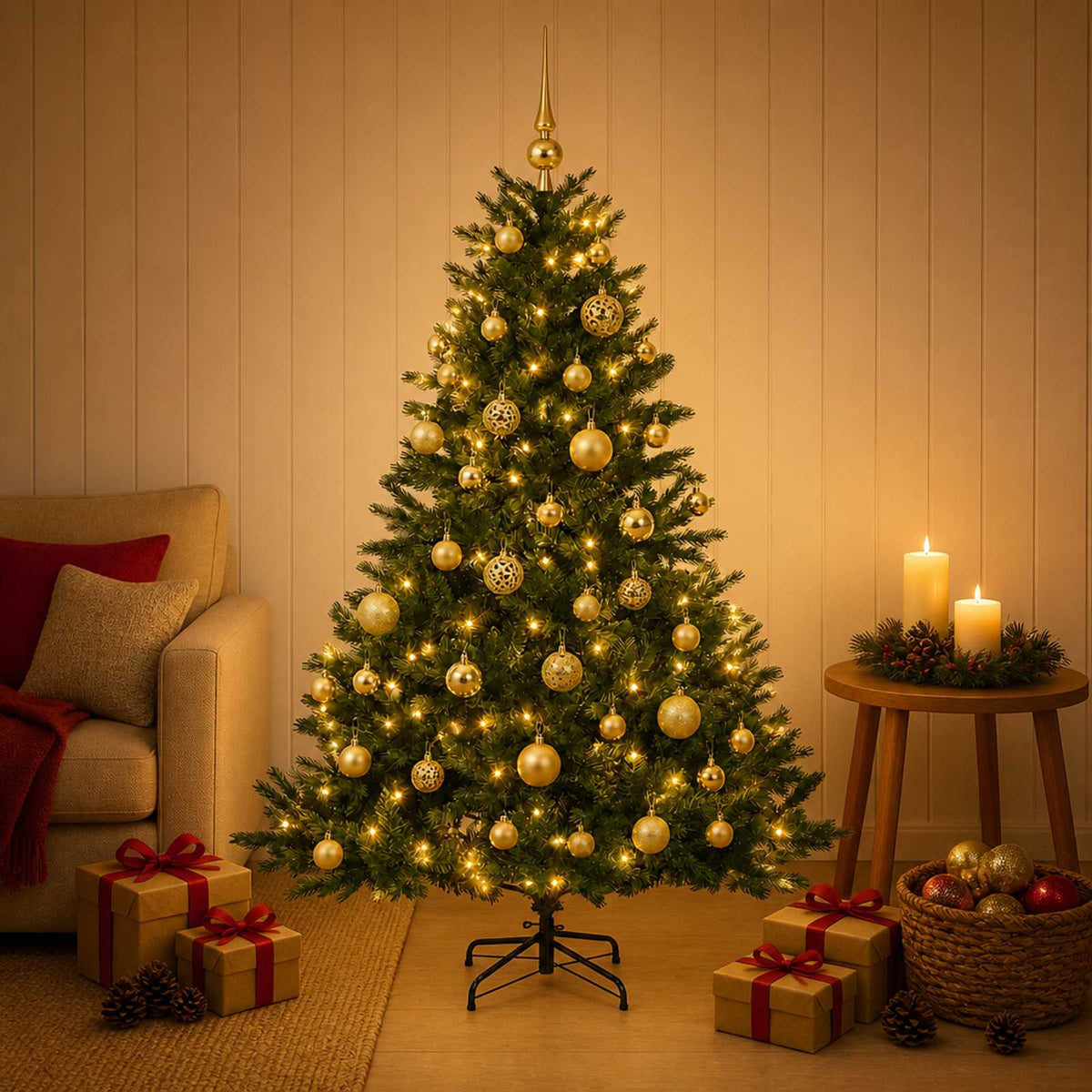 Műkarácsonyfa gömbbel 120 cm 150 LED Meleg fehér PVC és fém