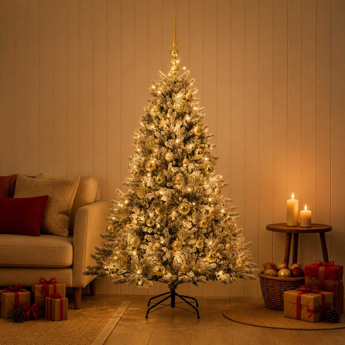 Műkarácsonyfa gömbbel 150 cm 150 LED Meleg fehér PVC és fém