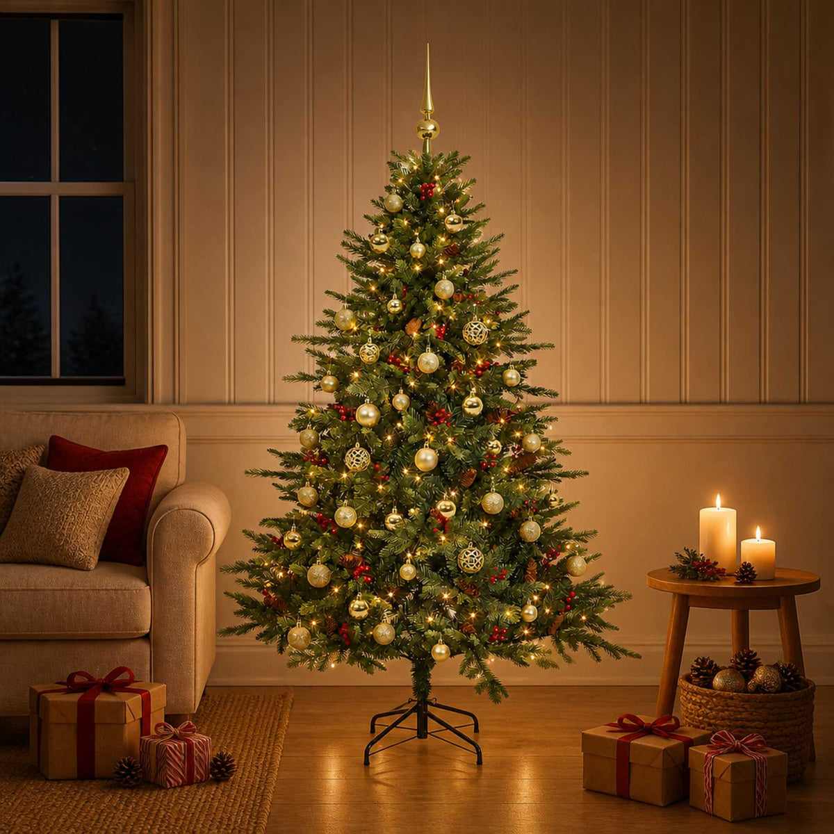 Műkarácsonyfa gömbbel 150 cm 150 LED Meleg fehér PVC és fém