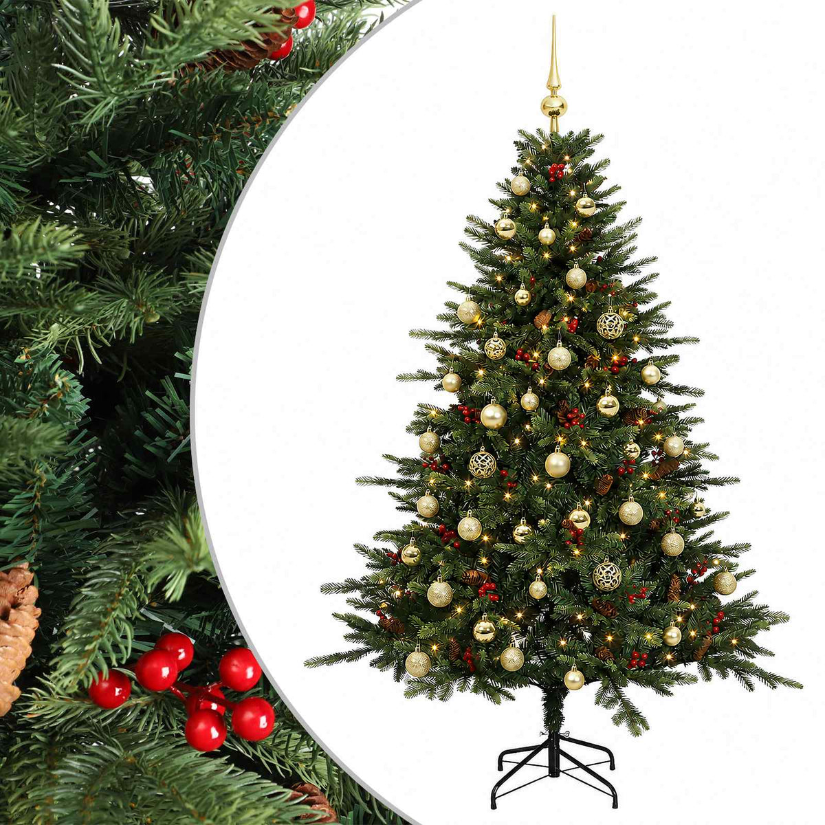 Műkarácsonyfa gömbbel 150 cm 150 LED Meleg fehér PVC és fém