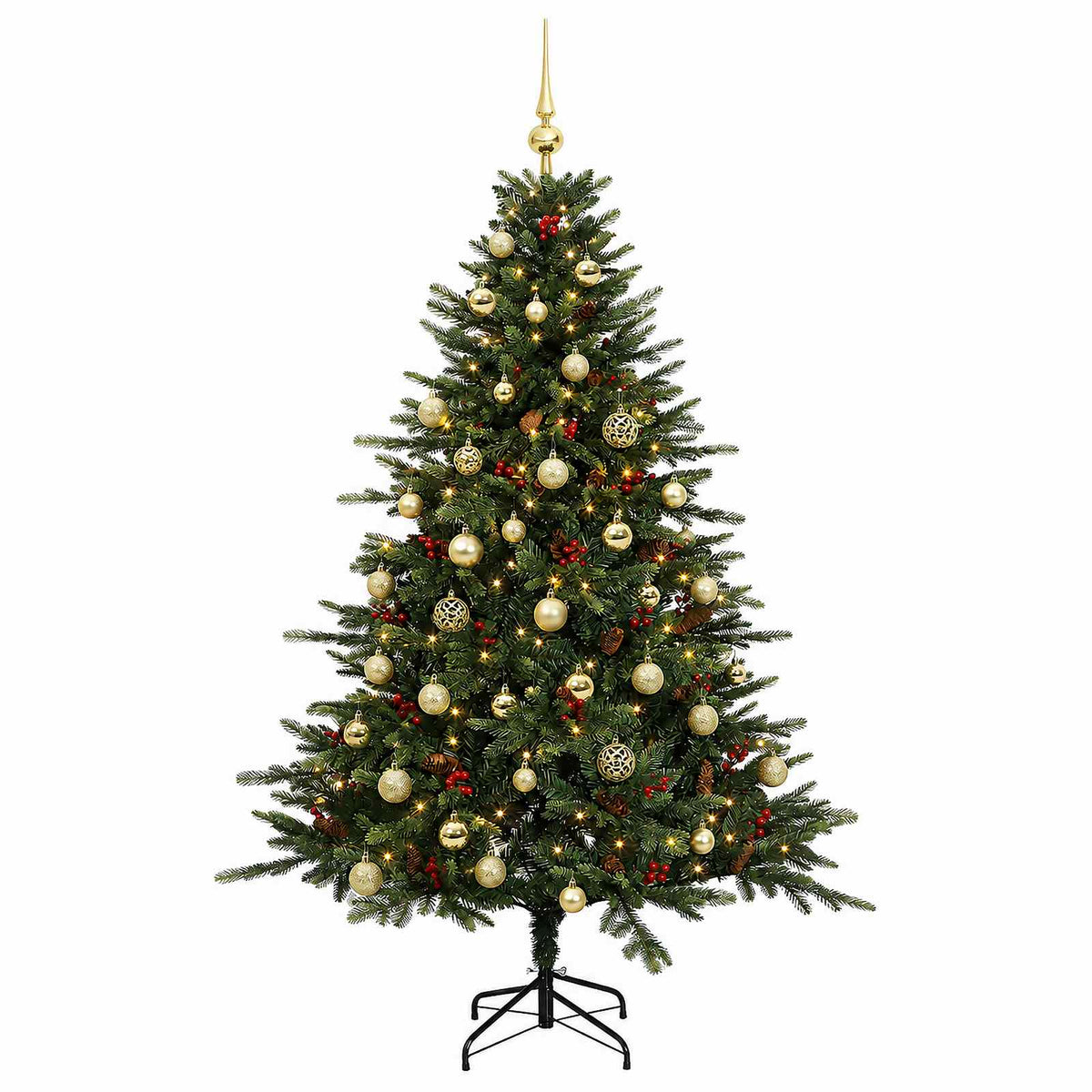 Műkarácsonyfa gömbbel 150 cm 150 LED Meleg fehér PVC és fém