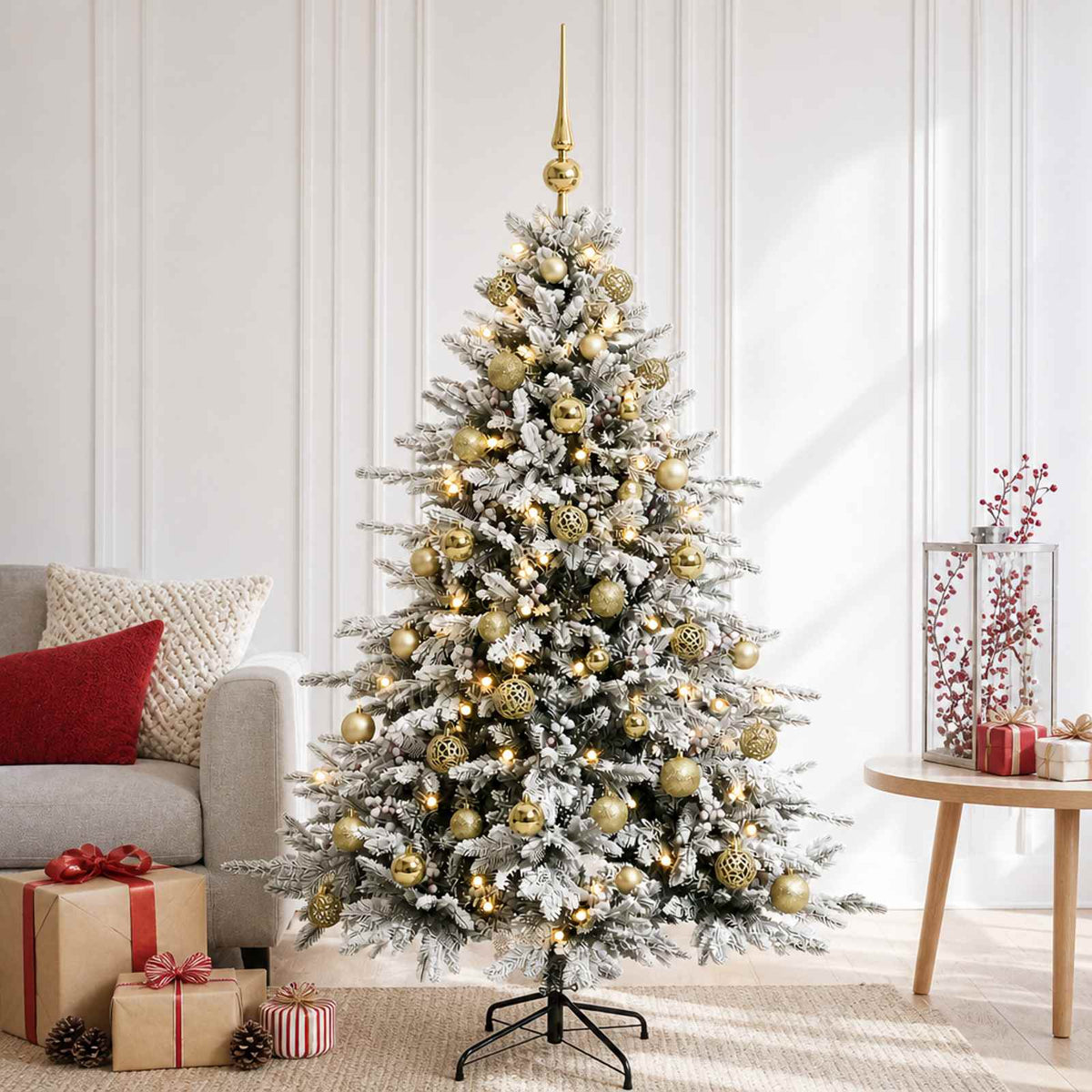 Műkarácsonyfa gömbbel 150 cm 150 LED Meleg fehér PVC és fém
