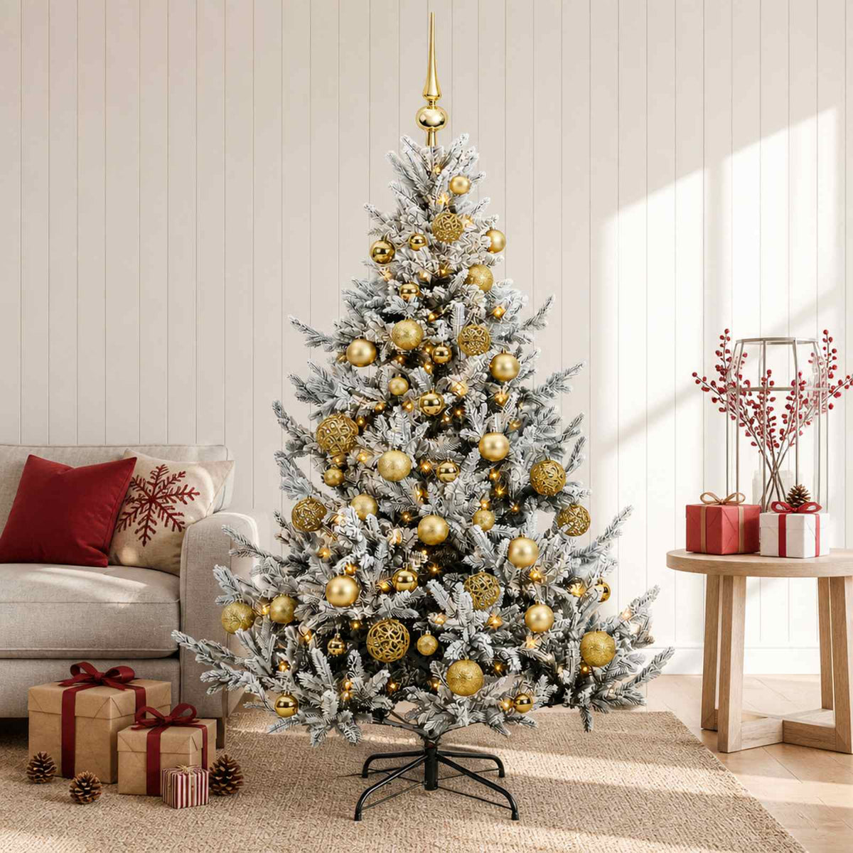 Műkarácsonyfa gömbbel 120 cm 150 LED Meleg fehér PVC és fém