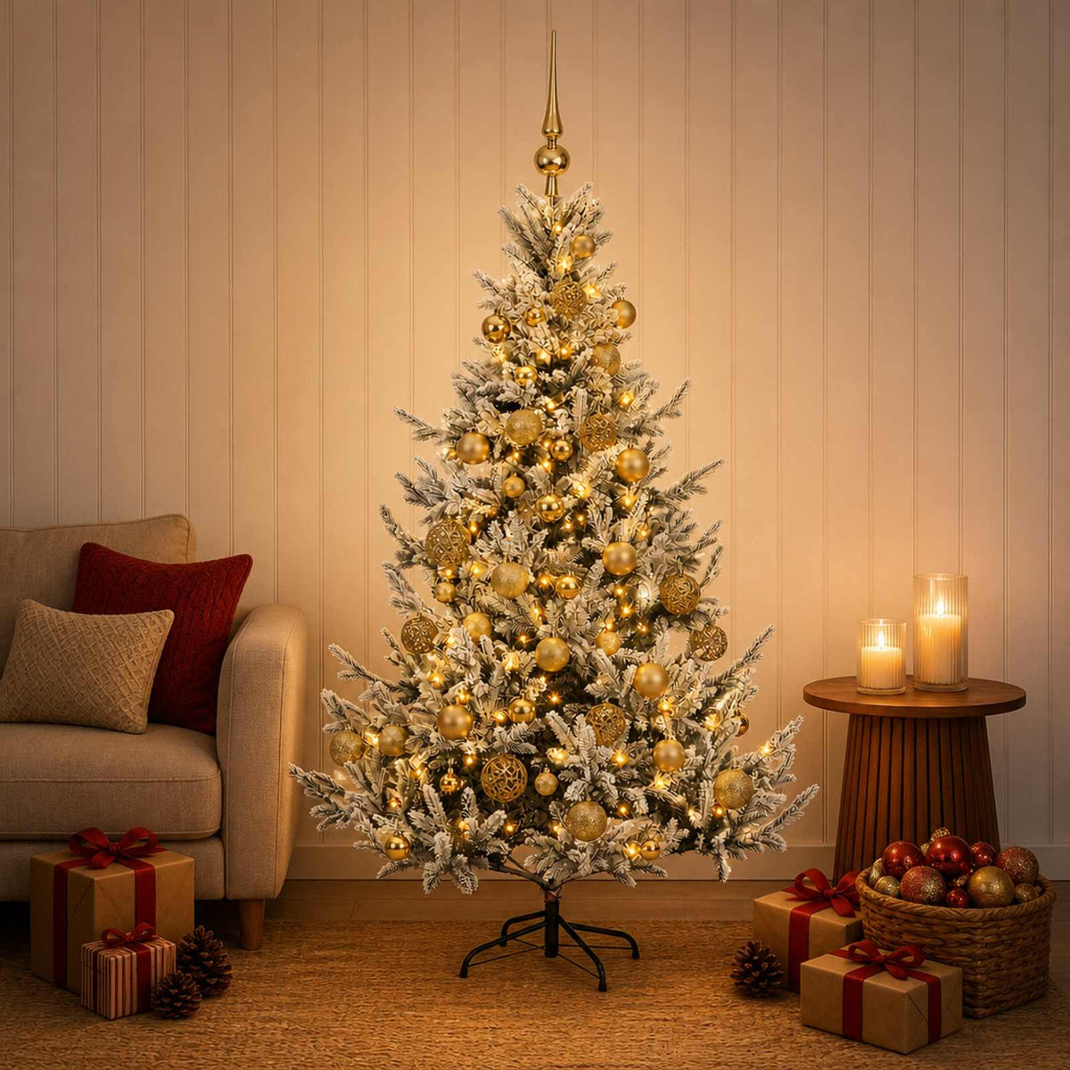 Műkarácsonyfa gömbbel 150 cm 150 LED Meleg fehér PVC és fém