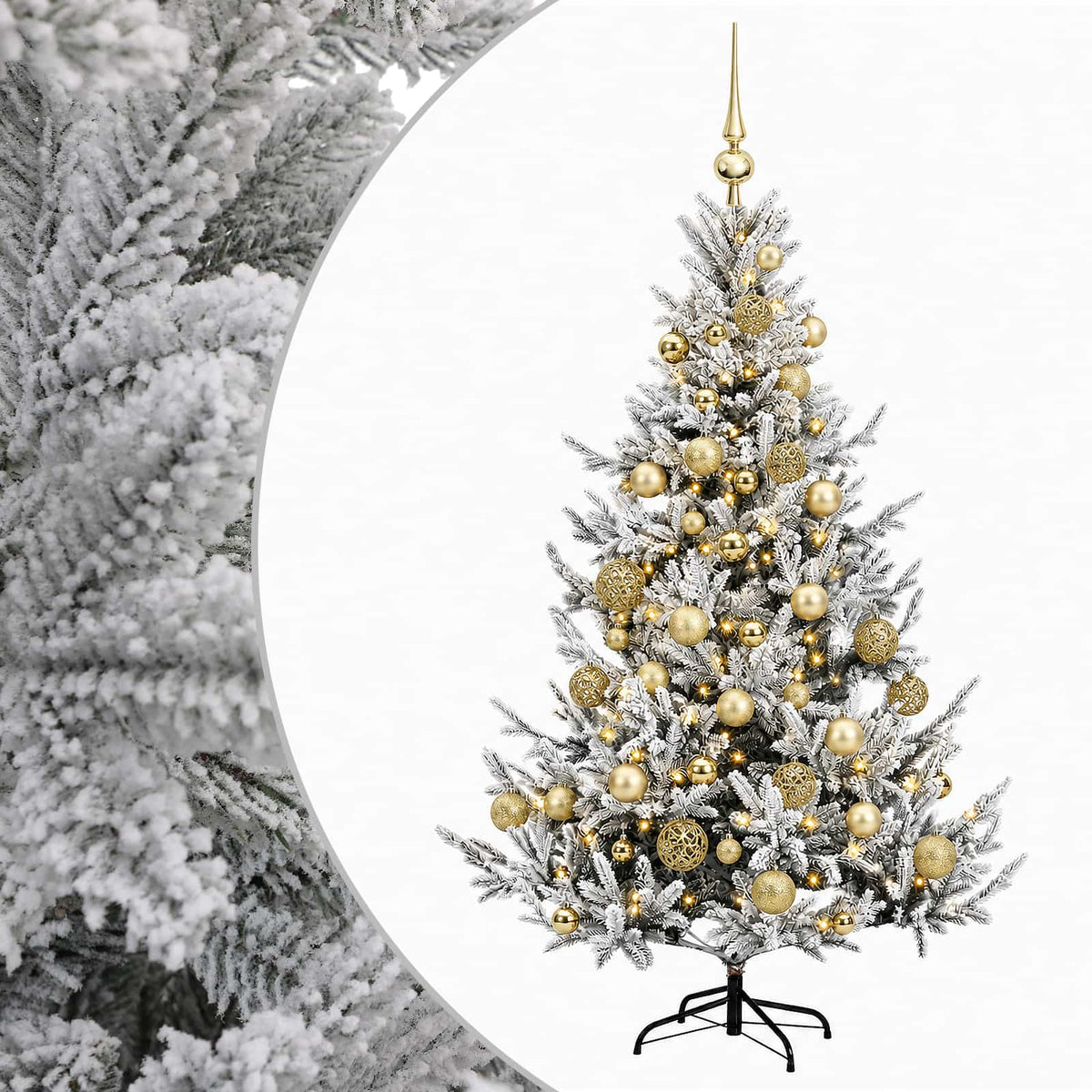 Műkarácsonyfa gömbbel 150 cm 150 LED Meleg fehér PVC és fém